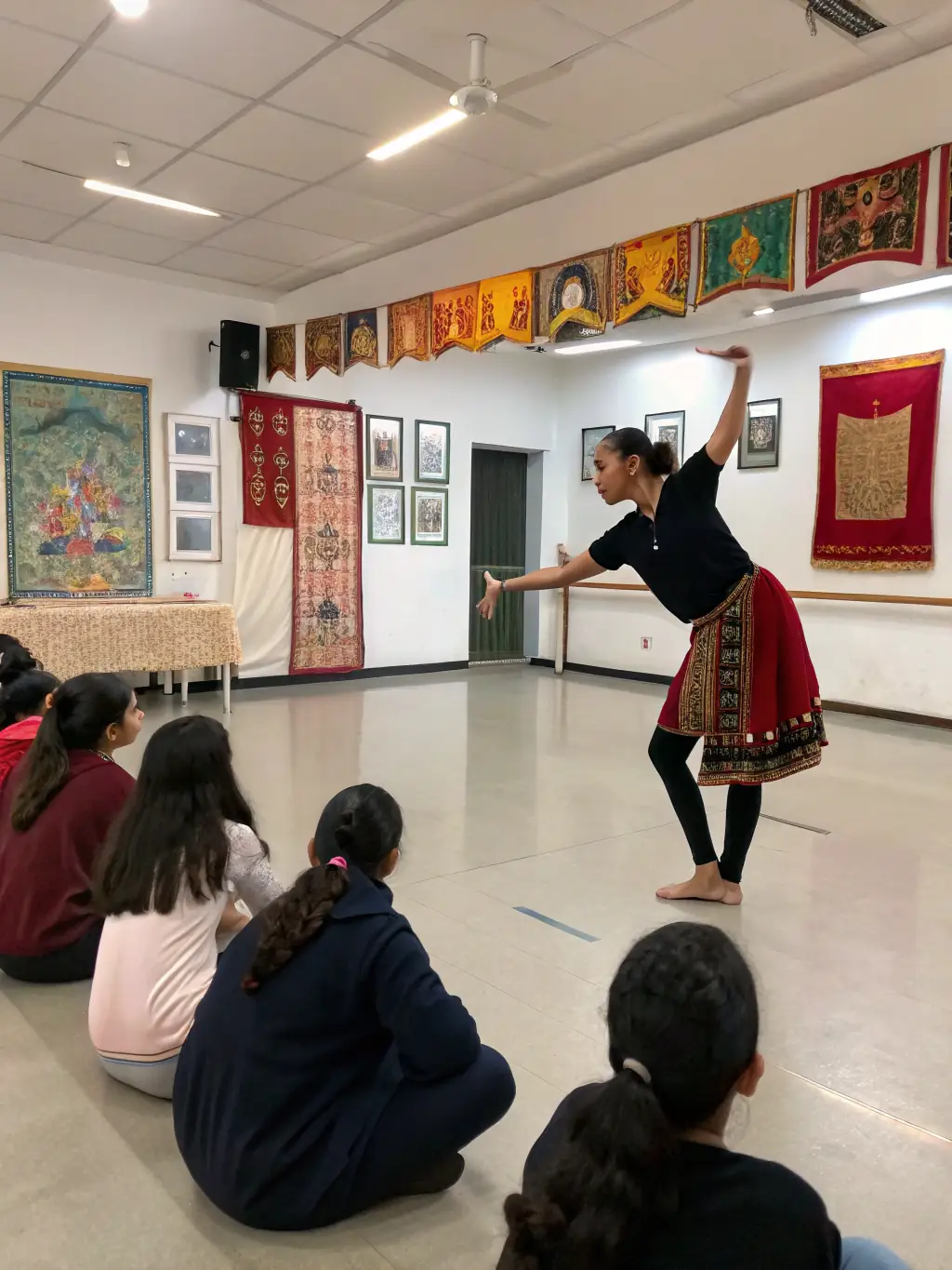A photo of a dance instructor guiding participants through a workshop, emphasizing technique and creativity, with a focus on individual expression.