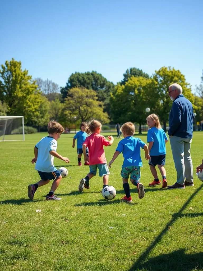 A vibrant image of young athletes participating in a soccer training session on a sunny day at the sports field, showcasing MGC's Youth Sports Training program.