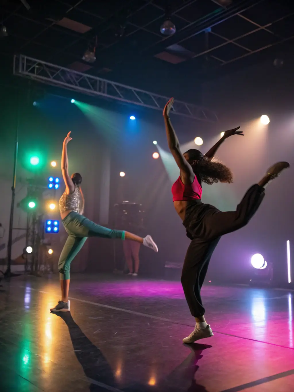 A collaborative dance project in an urban setting, showcasing dancers interacting with the environment and each other, captured in a dynamic and artistic photograph.