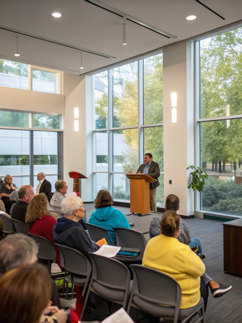 An image of a community hall with a speaker engaging an attentive audience of young people and parents during a Community Conferences & Workshops event organized by MGC.
