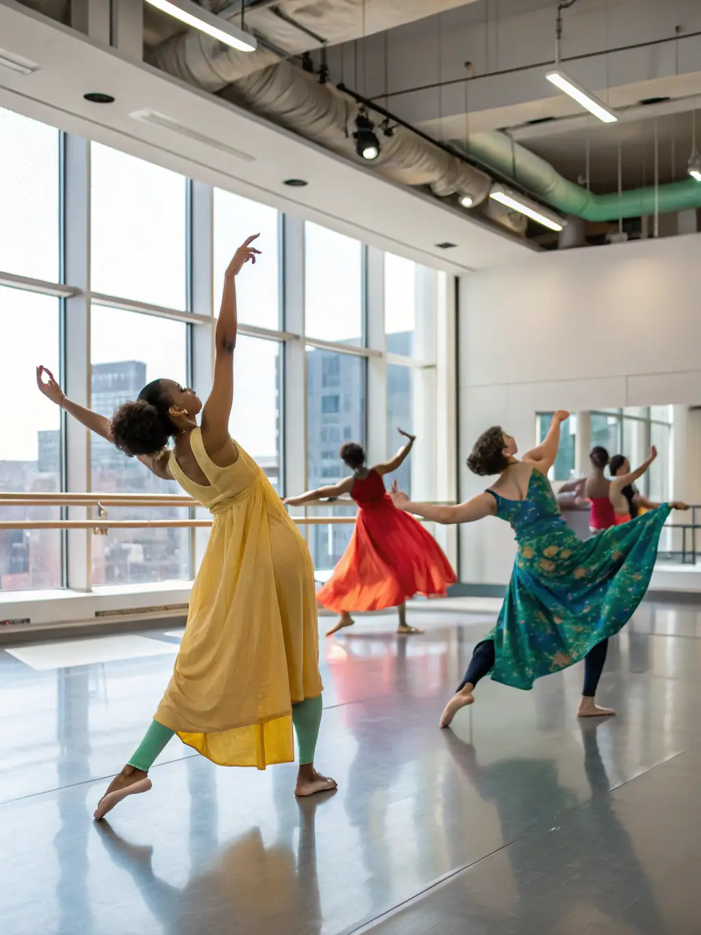 A diverse group of dancers participating in a contemporary dance workshop, focusing on fluidity and expression, set in a brightly lit studio with large windows.