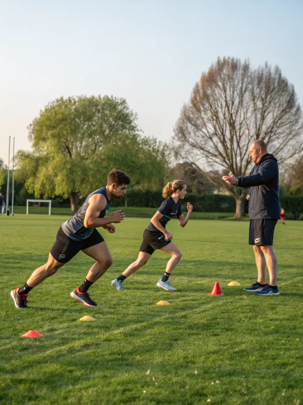 A group of young athletes participating in an athletics training session, focusing on running and jumping techniques, with a coach providing guidance.