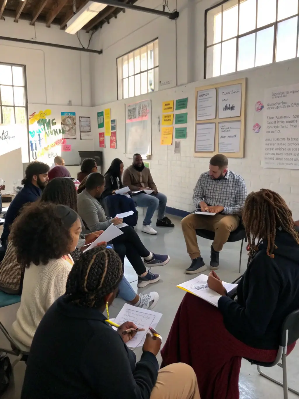 A photo of attendees actively participating in a youth development workshop, with a facilitator leading a discussion on leadership skills and personal growth.