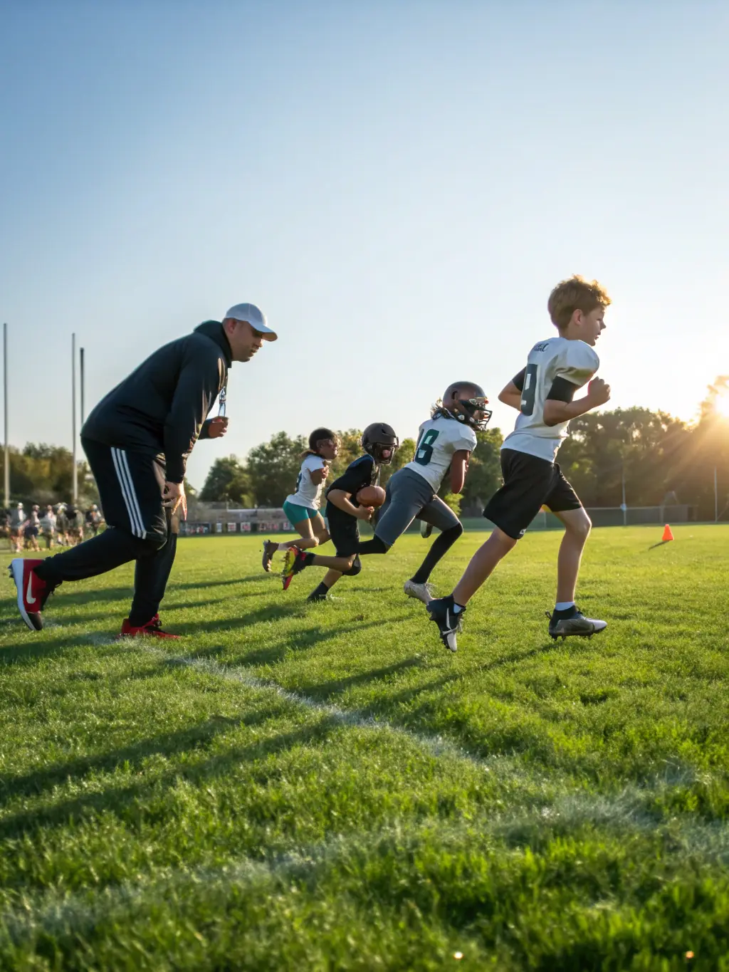 A vibrant image of children participating in a football training session, showcasing teamwork and skill development, set against a sunny outdoor field.