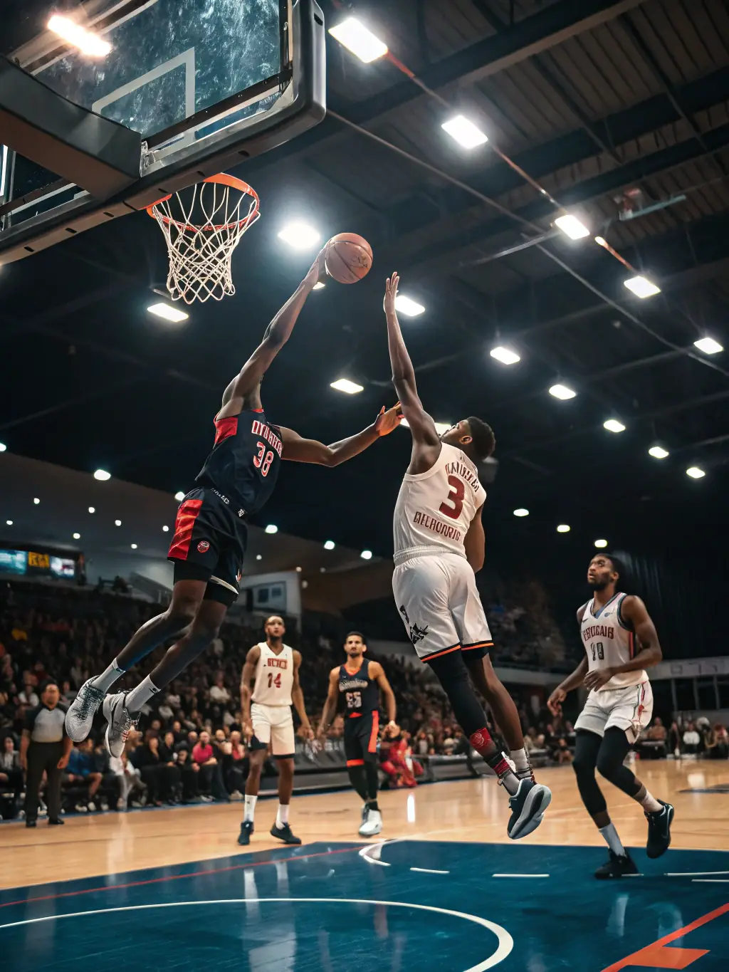 A dynamic image of a youth basketball tournament with players competing and spectators cheering, representing MGC's Sports Competitions & Support Events.