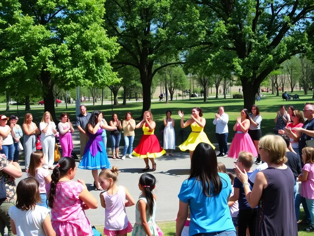 A photo of a community outreach program, showing dancers engaging with local residents in a public space.