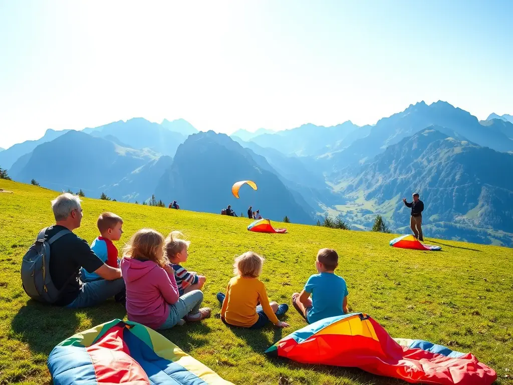 A group of smiling children and adults participating in a ground school session for paragliding, with colorful gliders spread out on a grassy field against a backdrop of the French Alps.