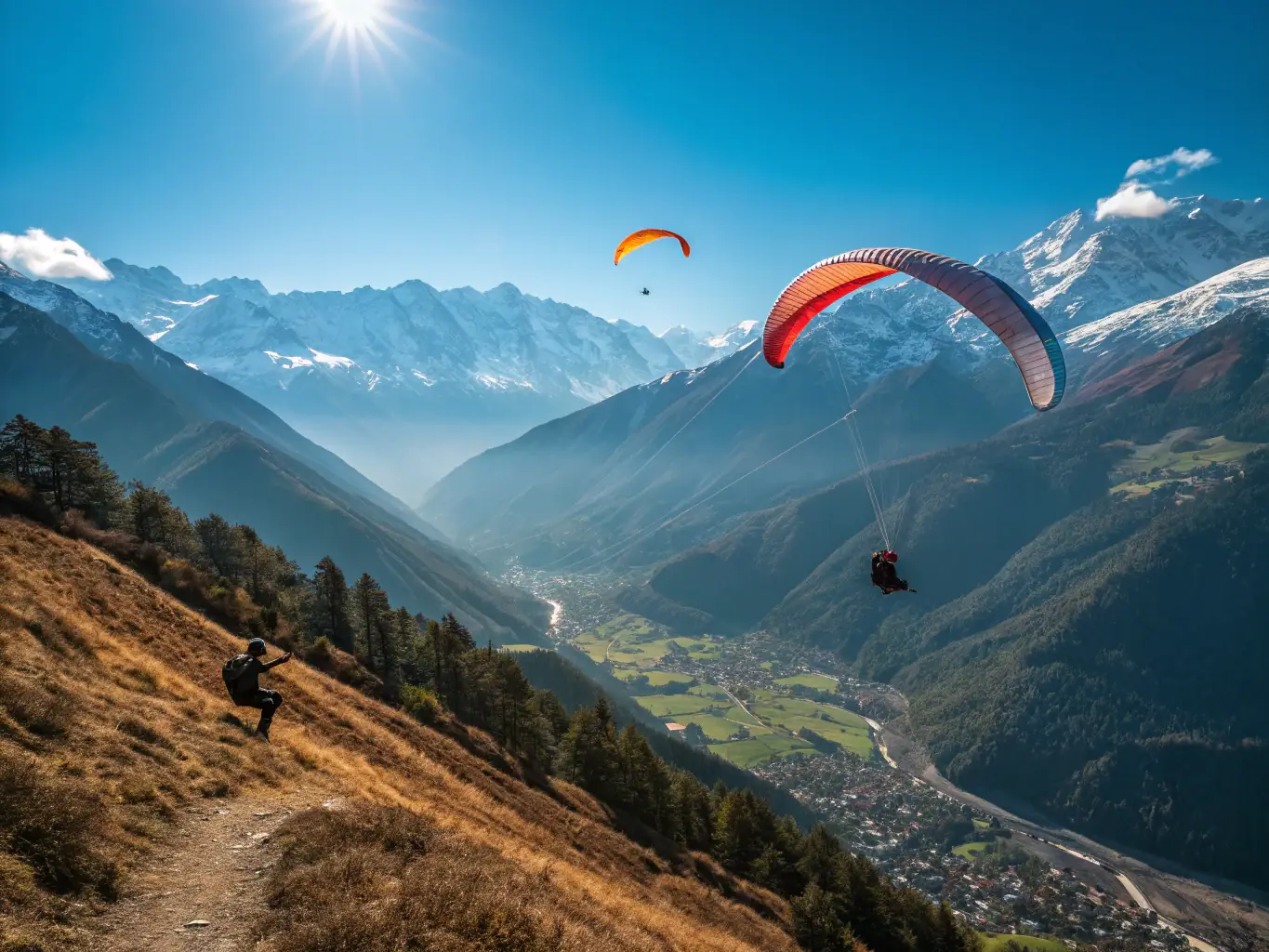 A scenic shot of an adult paraglider soaring over the Haut Champsaur valley, showcasing the beauty of the landscape and the thrill of free flight.