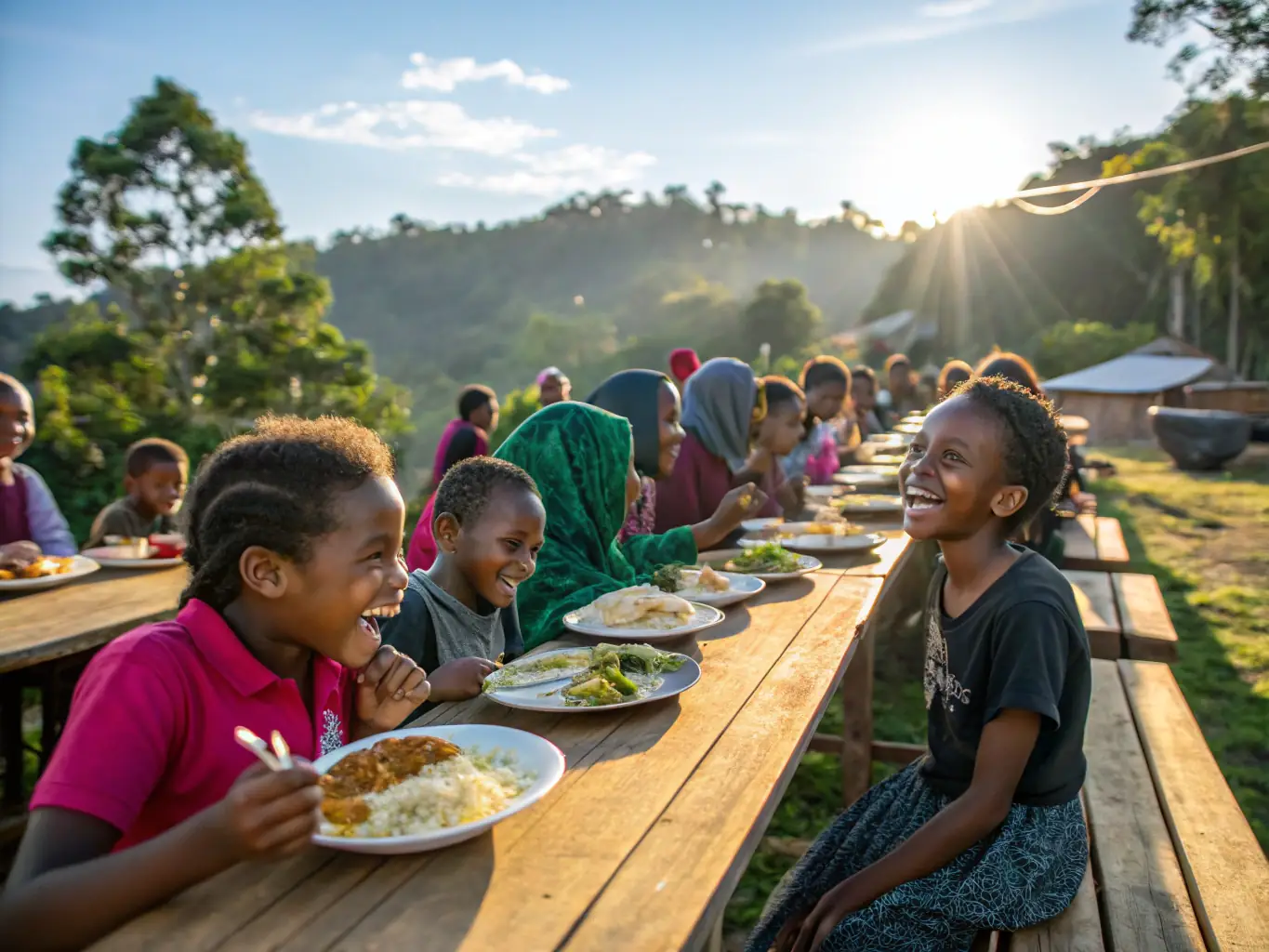 A diverse group of campers laughing and interacting during a cultural activity, such as a traditional French cooking class, in a rustic outdoor setting.
